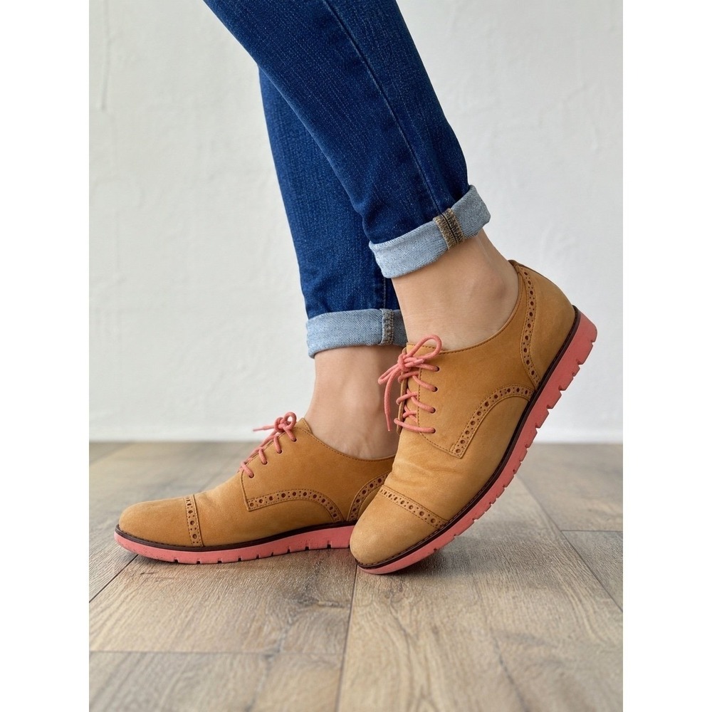 Cole Haan Oxford Shoes Women's 7.5B Tan Leather Pink Sole Lace Up Wingtip